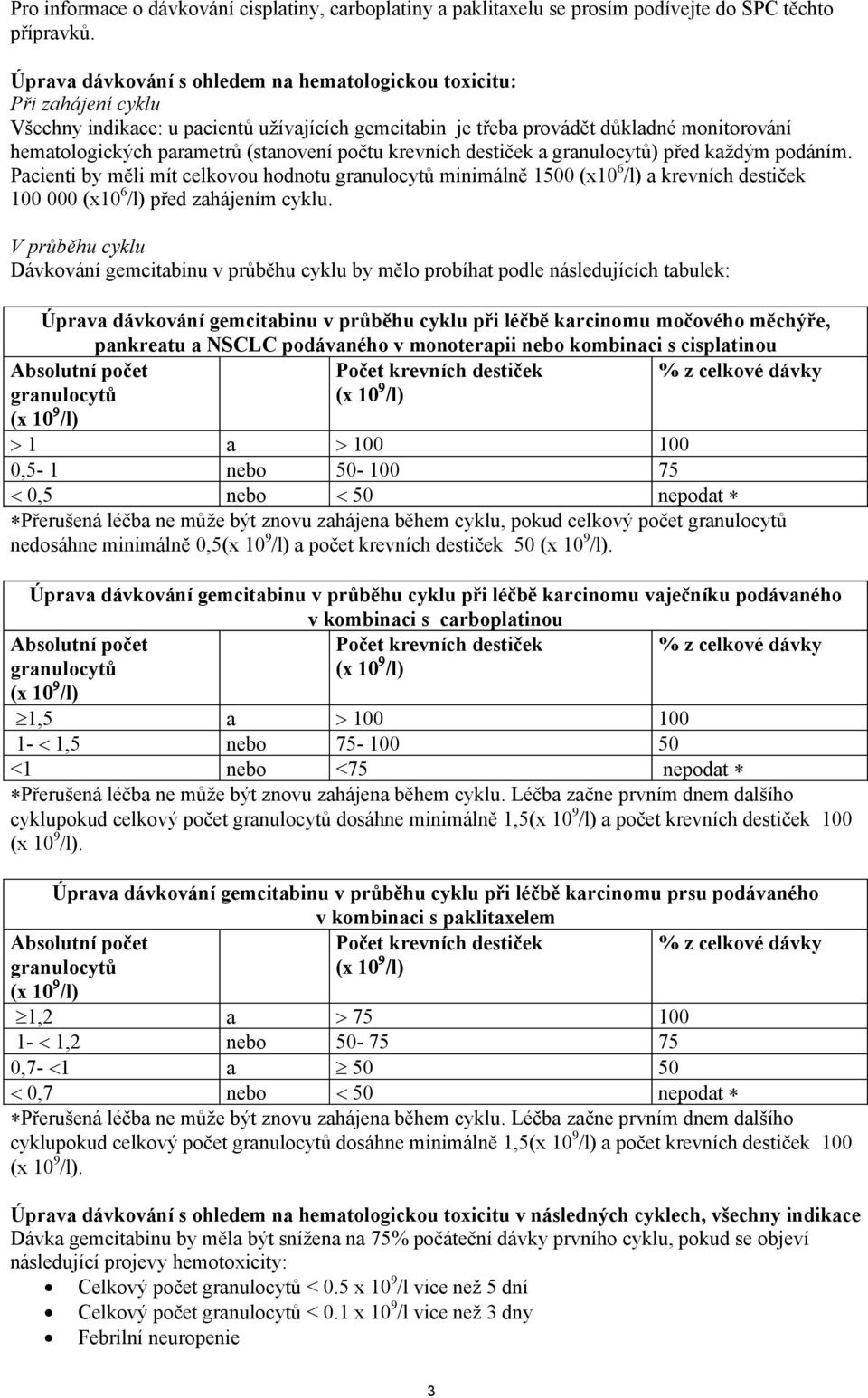 (stanovení počtu krevních destiček a granulocytů) před každým podáním.
