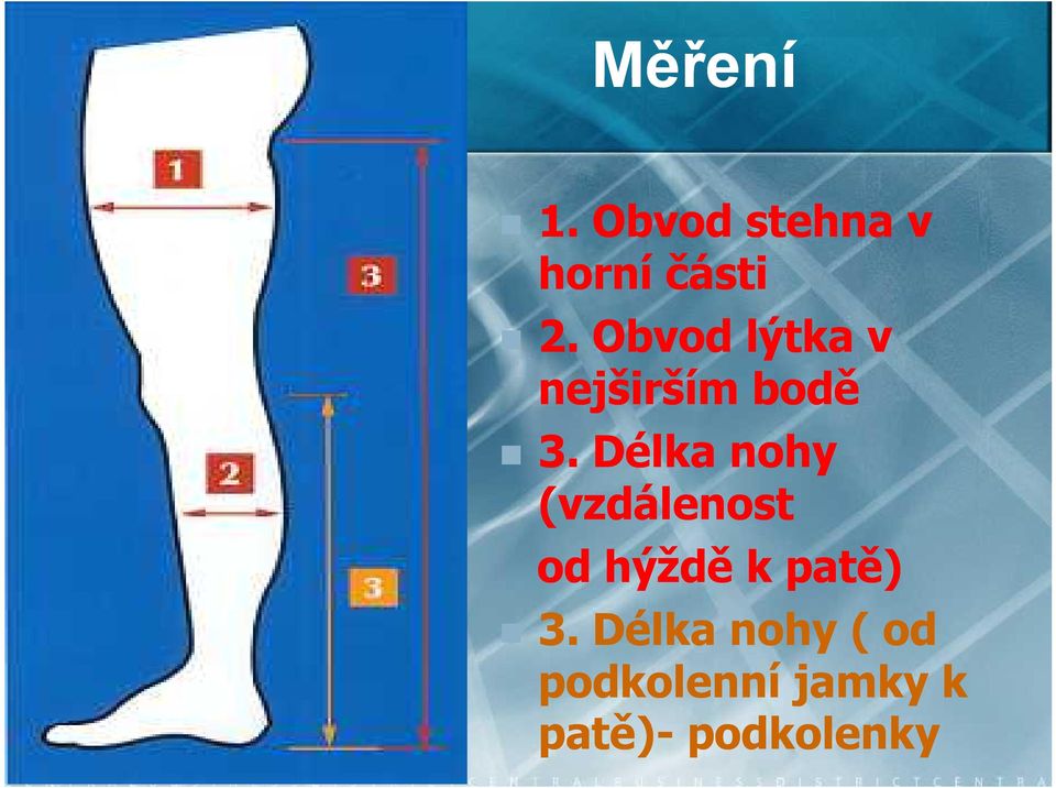 Délka nohy (vzdálenost od hýždě k patě) 3.