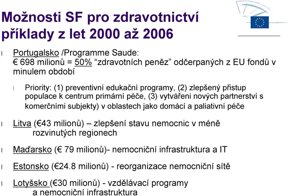 komerčními subjekty) v oblastech jako domácí a paliativní péče Litva ( 43 milionů) zlepšení stavu nemocnic v méně rozvinutých regionech Maďarsko ( 79