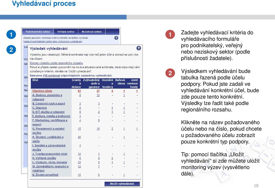 Pokud jste zadali ve vyhledávání konkrétní účel, bude zde pouze tento konkrétní. Výsledky lze řadit také podle regionálního rozsahu.