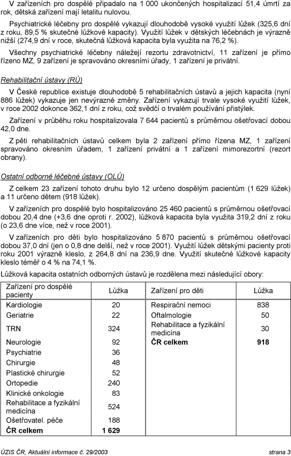 Využití lůžek v dětských léčebnách je výrazně nižší (274,9 dní v roce, skutečná lůžková kapacita byla využita na 76,2 %).