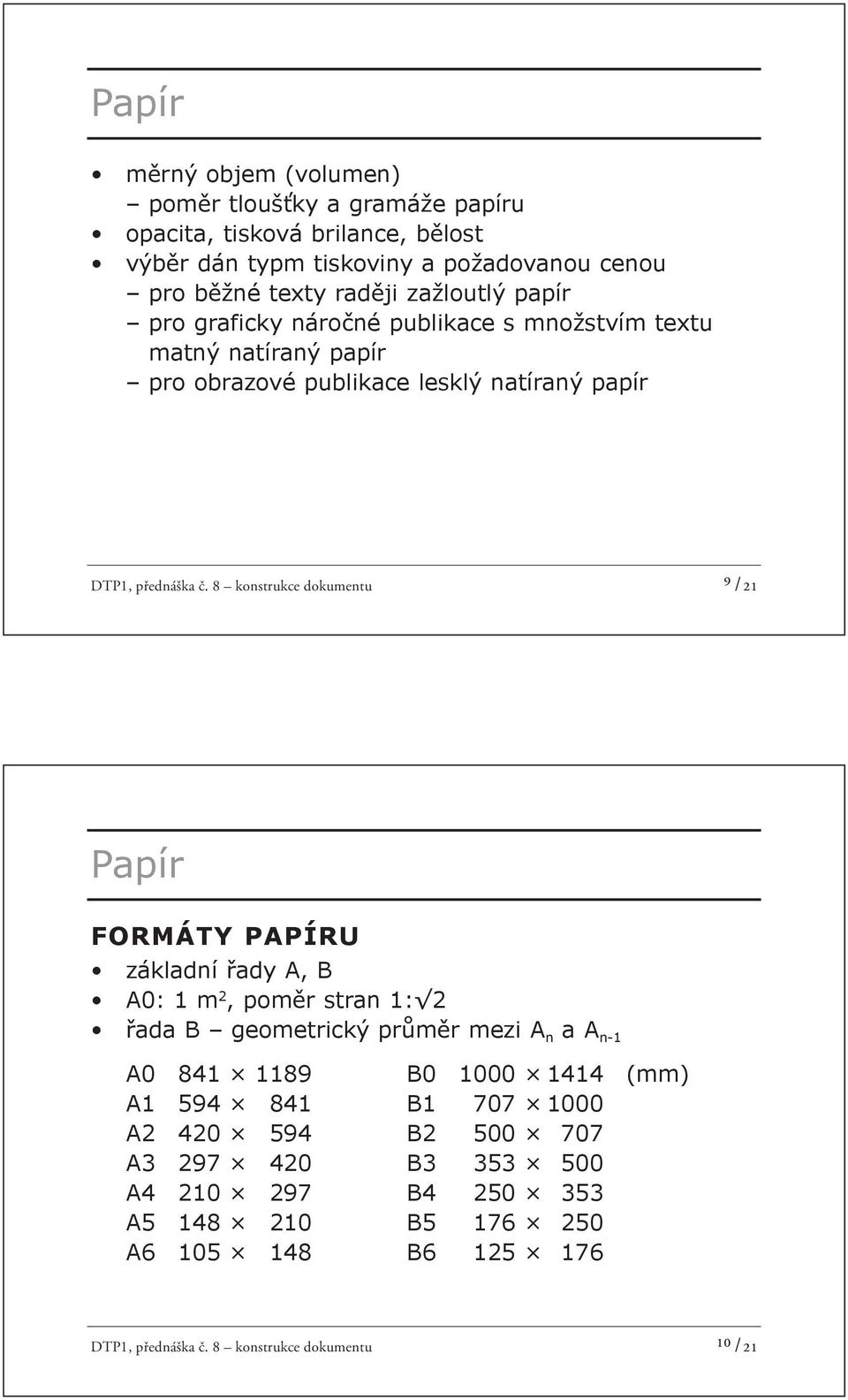 8 konstrukce dokumentu ⁹ /21 Papír FORMÁTY PAPÍRU základní ady A, B A0: 1 m 2, pom r stran 1: 2 ada B geometrický pr m r mezi A n a A n-1 A0 841 1189 B0 1000 1414