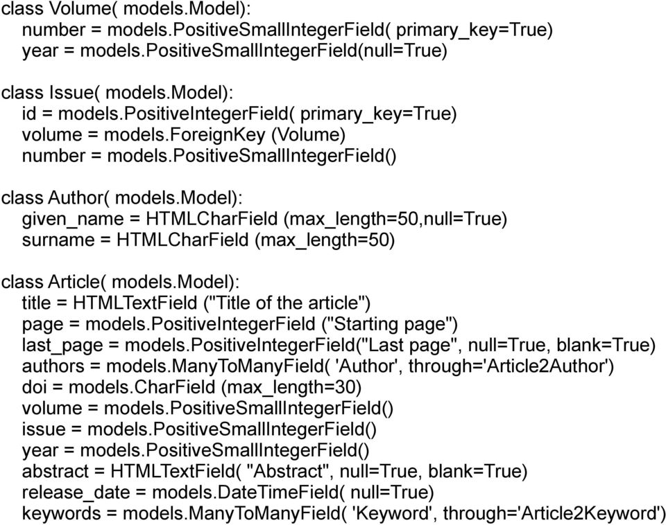model): given_name = HTMLCharField (max_length=50,null=true) surname = HTMLCharField (max_length=50) class Article( models.model): title = HTMLTextField ("Title of the article") page = models.