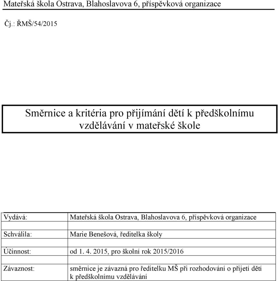 Schválila: Mateřská škola Ostrava, Blahoslavova 6, příspěvková organizace Marie Benešová, ředitelka školy