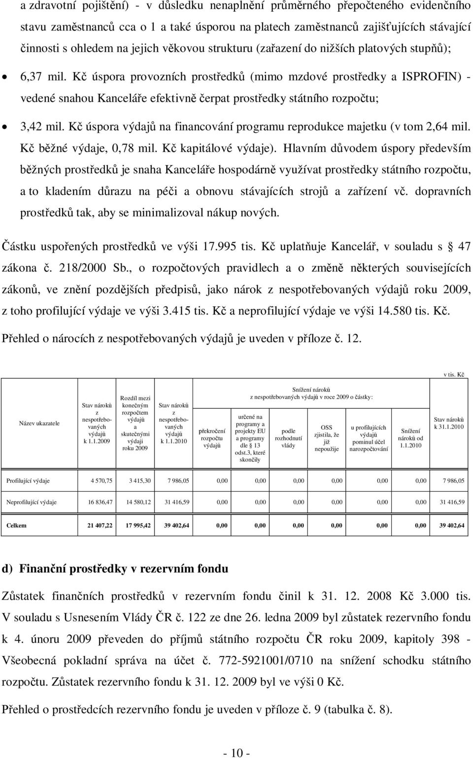 Kč úspora provozních prostředků (mimo mzdové prostředky a ISPROFIN) - vedené snahou Kanceláře efektivně čerpat prostředky státního rozpočtu; 3,42 mil.