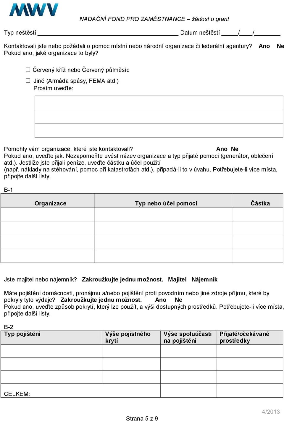 Nezapomeňte uvést název organizace a typ přijaté pomoci (generátor, oblečení atd.). Jestliže jste přijali peníze, uveďte částku a účel použití (např. náklady na stěhování, pomoc při katastrofách atd.