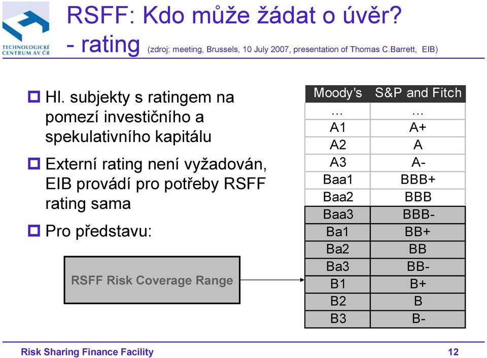 subjekty s ratingem na pomezí investičního a spekulativního kapitálu Externí rating není vyžadován, EIB