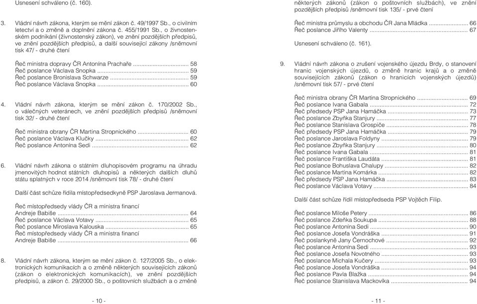 Antonína Prachaøe... 58 Øeè poslance Václava Snopka... 59 Øeè poslance Bronislava Schwarze... 59 Øeè poslance Václava Snopka... 60 4. Vládní návrh zákona, kterým se mìní zákon è. 170/2002 Sb.