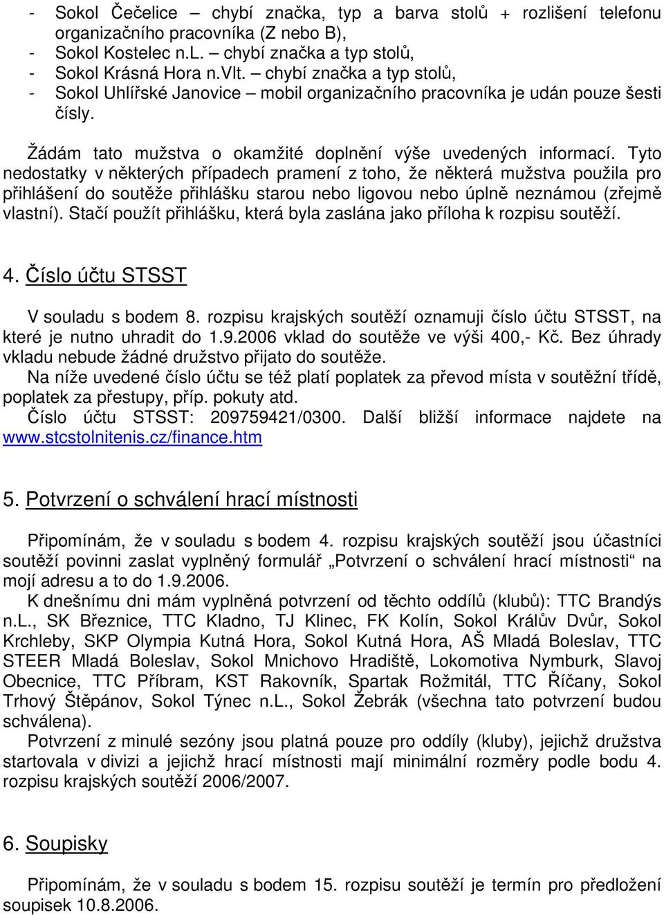 Tyto nedostatky v některých případech pramení z toho, že některá mužstva použila pro přihlášení do soutěže přihlášku starou nebo ligovou nebo úplně neznámou (zřejmě vlastní).