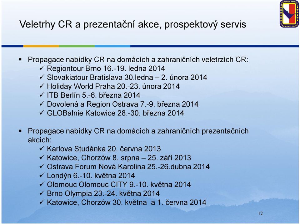 března 2014 GLOBalnie Katowice 28.-30. března 2014 Propagace nabídky CR na domácích a zahraničních prezentačních akcích: Karlova Studánka 20.