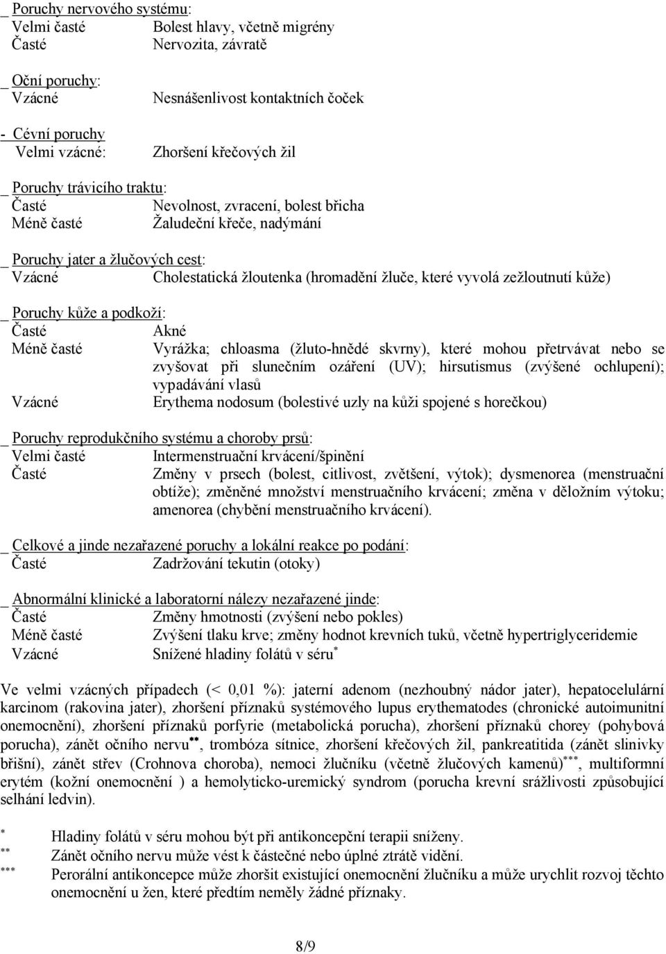 kůže) _ Poruchy kůže a podkoží: Akné Méně časté Vyrážka; chloasma (žluto-hnědé skvrny), které mohou přetrvávat nebo se zvyšovat při slunečním ozáření (UV); hirsutismus (zvýšené ochlupení); vypadávání