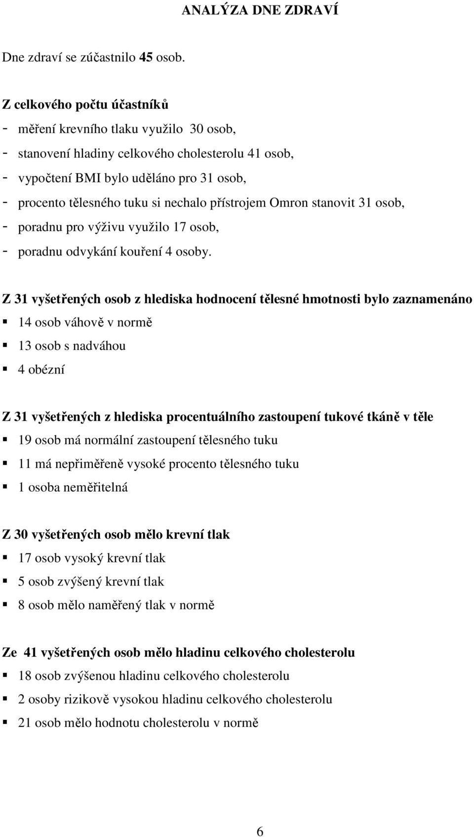 přístrojem Omron stanovit 31 osob, - poradnu pro výživu využilo 17 osob, - poradnu odvykání kouření osoby.