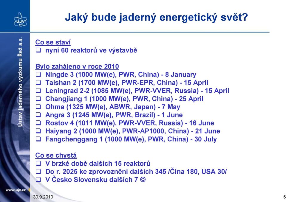 Leningrad 2-2 (1085 MW(e), PWR-VVER, Russia) - 15 April Changjiang 1 (1000 MW(e), PWR, China) - 25 April Ohma (1325 MW(e), ABWR, Japan) - 7 May Angra 3 (1245 MW(e), PWR,