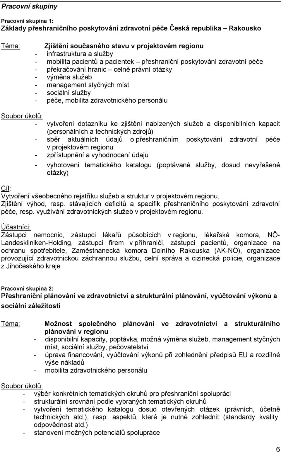 zdravotnického personálu Soubor úkolů: - vytvoření dotazníku ke zjištění nabízených služeb a disponibilních kapacit (personálních a technických zdrojů) - sběr aktuálních údajů o přeshraničním