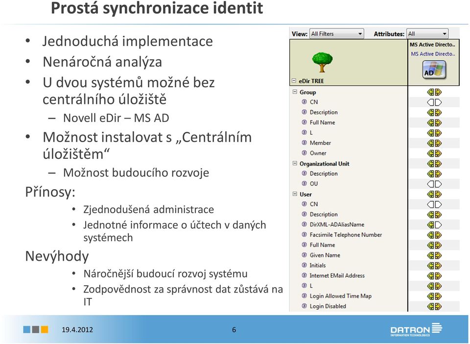 budoucího rozvoje Přínosy: Zjednodušená administrace Jednotné informace o účtech v daných