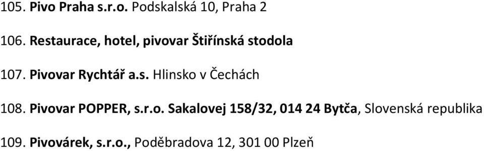 s. Hlinsko v Čechách 108. Pivovar POPPER, s.r.o. Sakalovej 158/32, 014 24 Bytča, Slovenská republika 109.