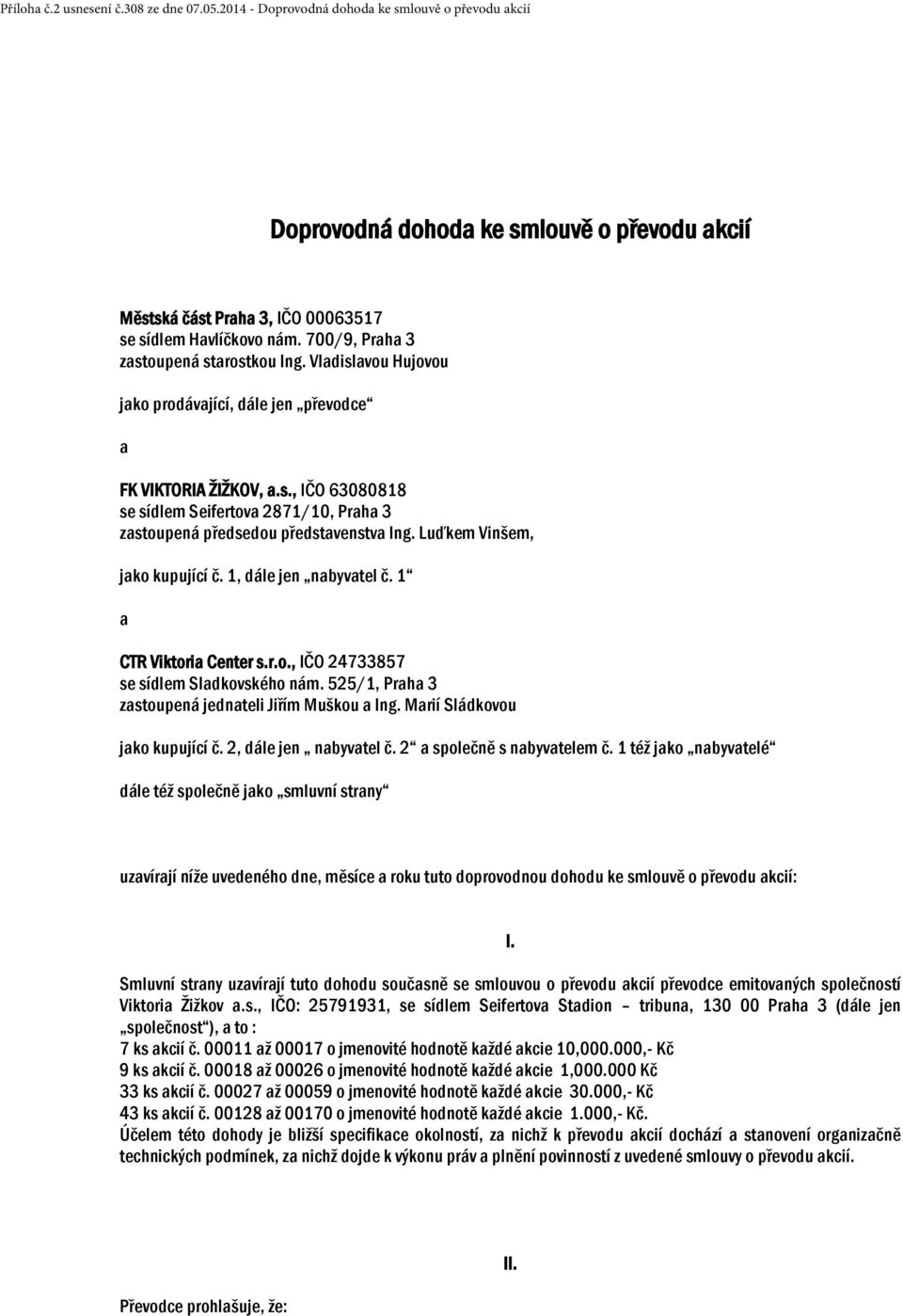Luďkem Vinšem, jako kupující č. 1, dále jen nabyvatel č. 1 a CTR Viktoria Center s.r.o., IČO 24733857 se sídlem Sladkovského nám. 525/1, Praha 3 zastoupená jednateli Jiřím Muškou a Ing.