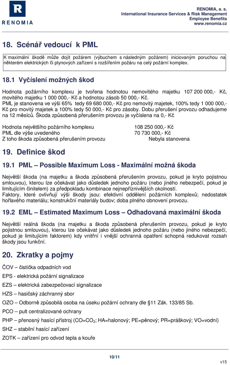 PML je stanovena ve výši 65% tedy 69 680 000,- Kč pro nemovitý majetek, 100% tedy 1 000 000,- Kč pro movitý majetek a 100% tedy 50 000,- Kč pro zásoby. Dobu přerušení provozu odhadujeme na 12 měsíců.