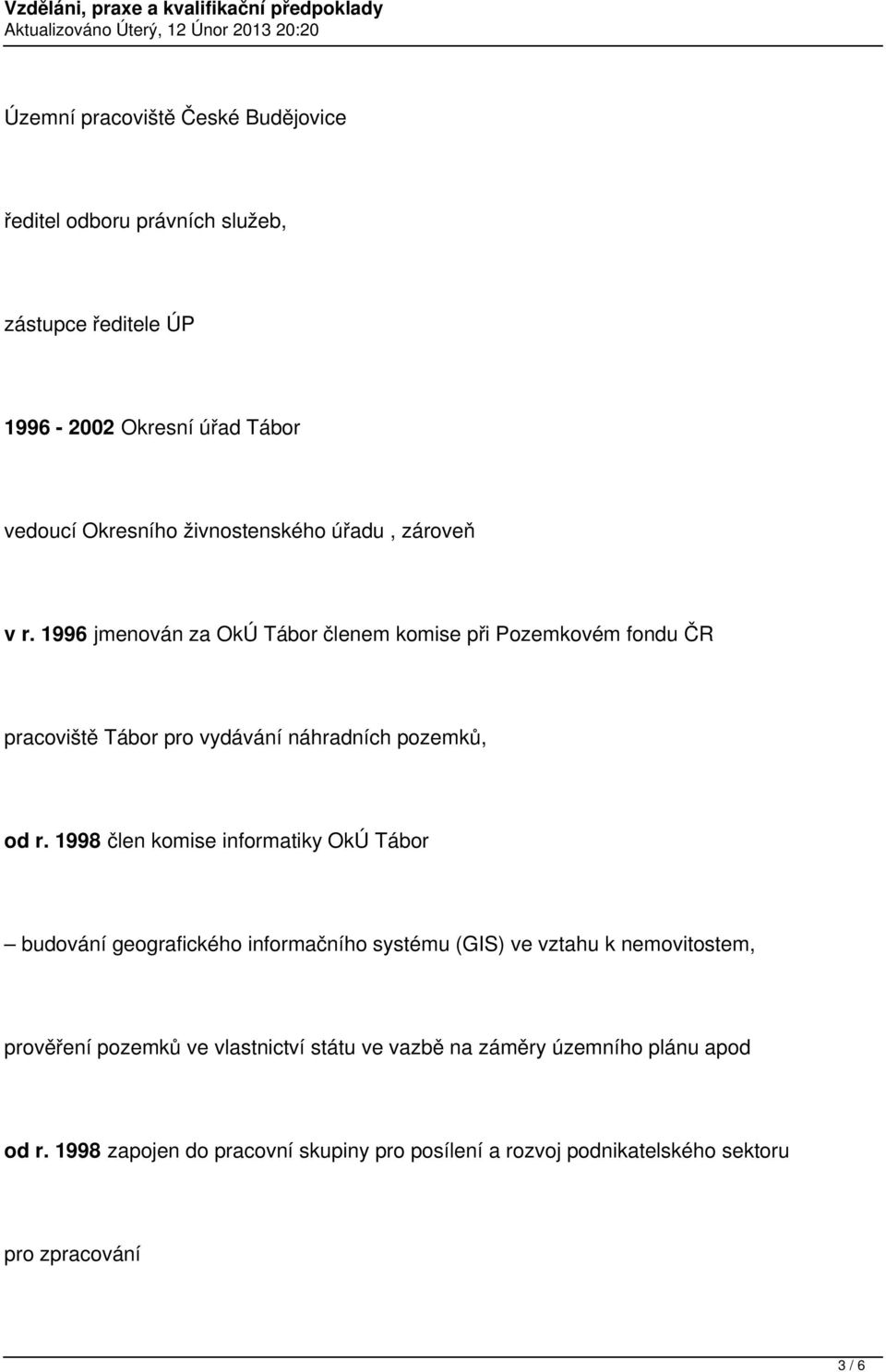 1996 jmenován za OkÚ Tábor členem komise při Pozemkovém fondu ČR pracoviště Tábor pro vydávání náhradních pozemků, od r.