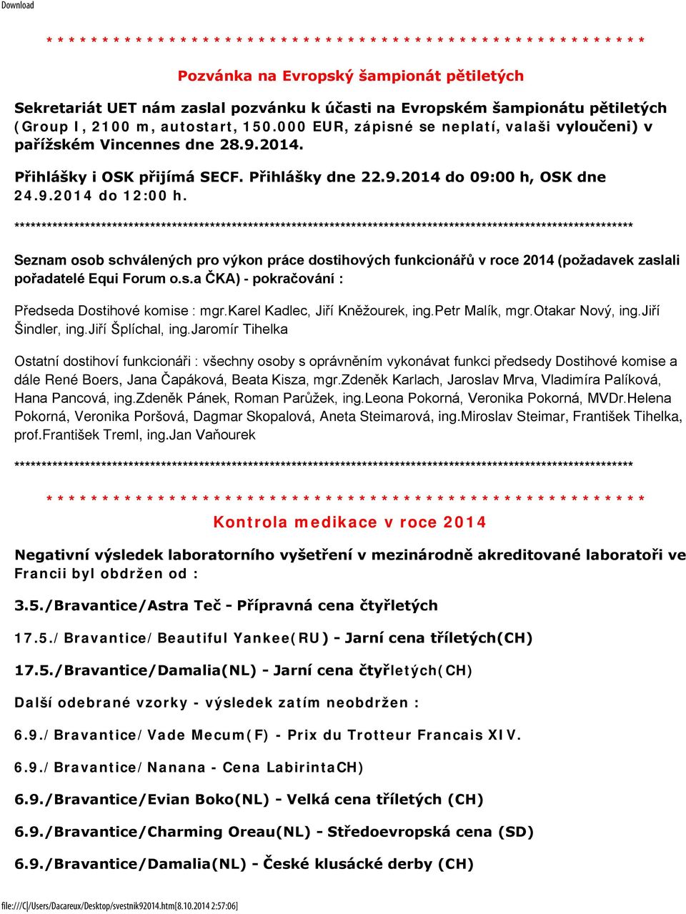 ****** Seznam osob schválených pro výkon práce dostihových funkcionářů v roce 2014 (požadavek zaslali pořadatelé Equi Forum o.s.a ČKA) - pokračování : Předseda Dostihové komise : mgr.