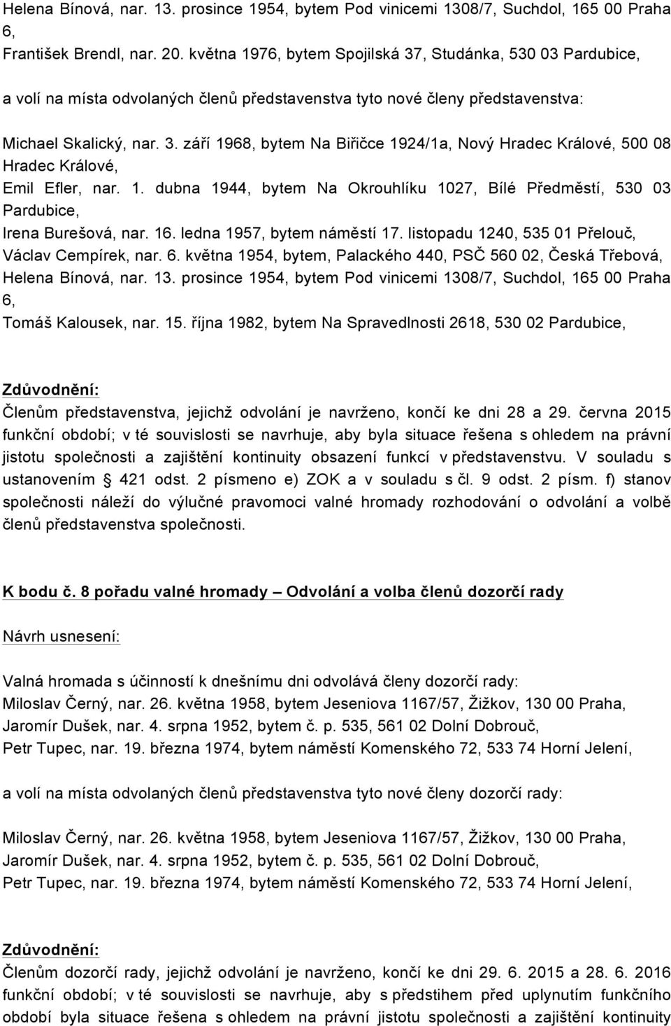 1. dubna 1944, bytem Na Okrouhlíku 1027, Bílé Předměstí, 530 03 Pardubice, Irena Burešová, nar. 16. ledna 1957, bytem náměstí 17. listopadu 1240, 535 01 Přelouč, Václav Cempírek, nar. 6.