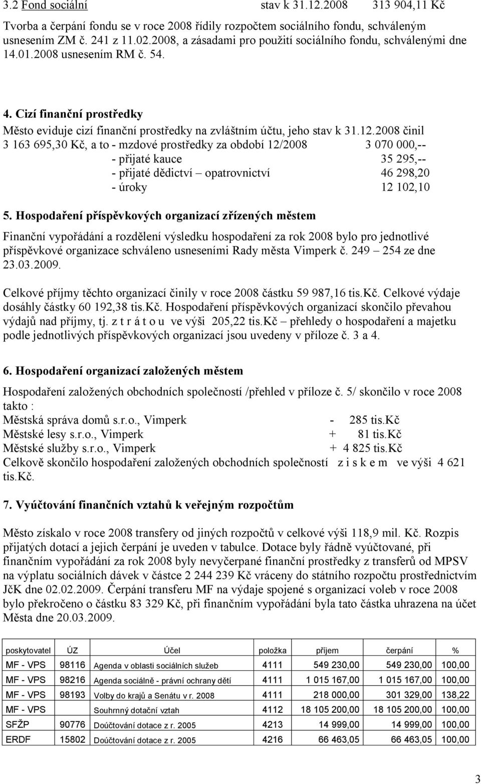 2008 činil 3 163 695,30 Kč, a to - mzdové prostředky za období 12/2008 3 070 000,-- - přijaté kauce 35 295,-- - přijaté dědictví opatrovnictví 46 298,20 - úroky 12 102,10 5.