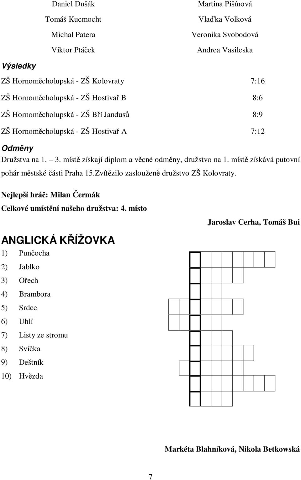 míst získají diplom a vcné odmny, družstvo na 1. míst získává putovní pohár mstské ásti Praha 15.Zvítzilo zasloužen družstvo ZŠ Kolovraty.