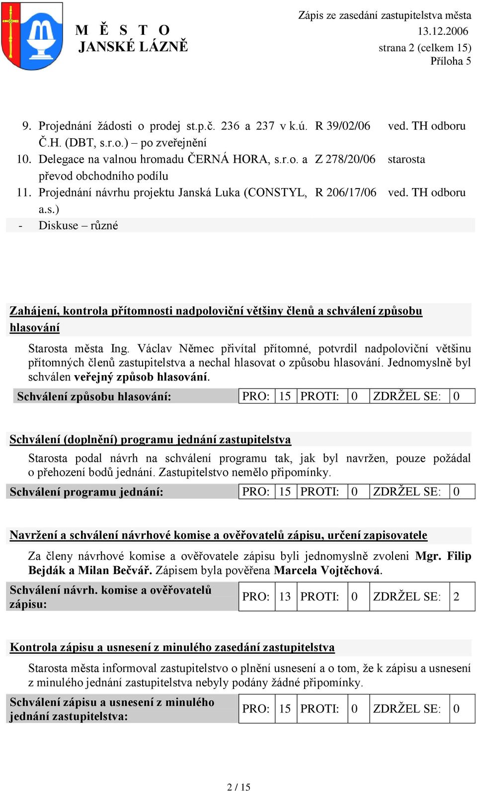 TH odboru Zahájení, kontrola přítomnosti nadpoloviční většiny členů a schválení způsobu hlasování Starosta města Ing.