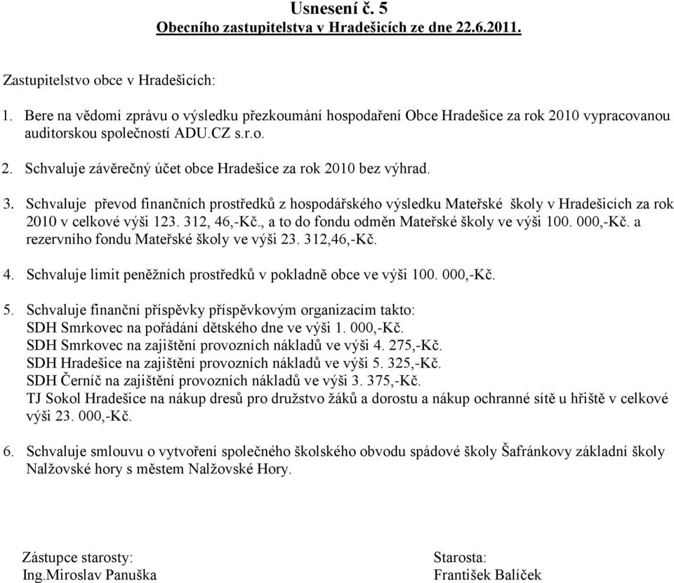 Schvaluje převod finančních prostředků z hospodářského výsledku Mateřské školy v Hradešicích za rok 2010 v celkové výši 123. 312, 46,-Kč., a to do fondu odměn Mateřské školy ve výši 100. 000,-Kč.