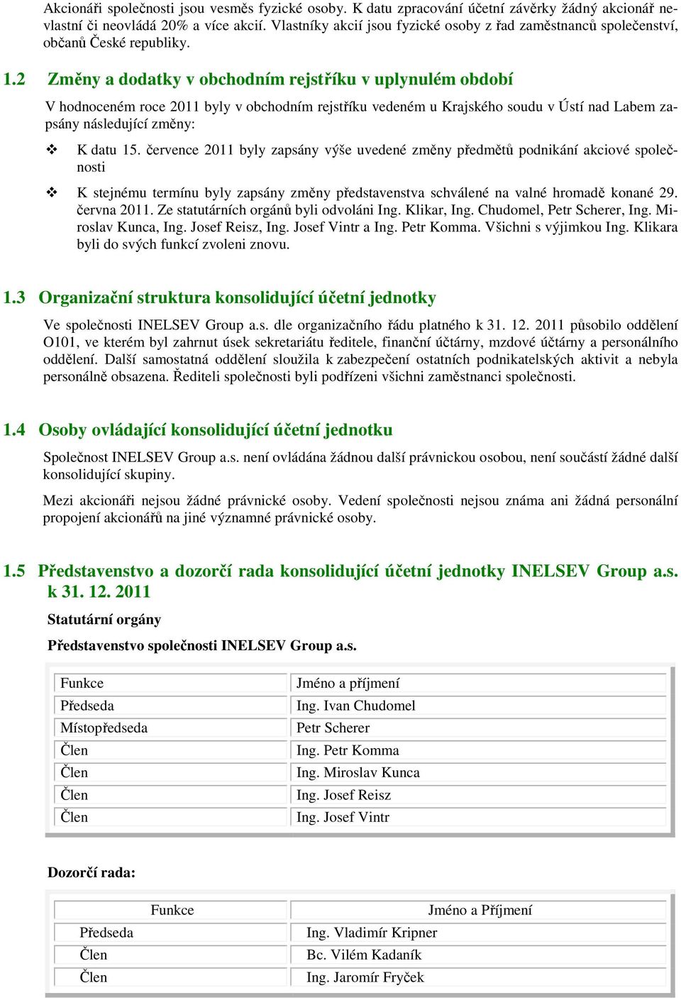 2 Změny a dodatky v obchodním rejstříku v uplynulém období V hodnoceném roce 2011 byly v obchodním rejstříku vedeném u Krajského soudu v Ústí nad Labem zapsány následující změny: K datu 15.
