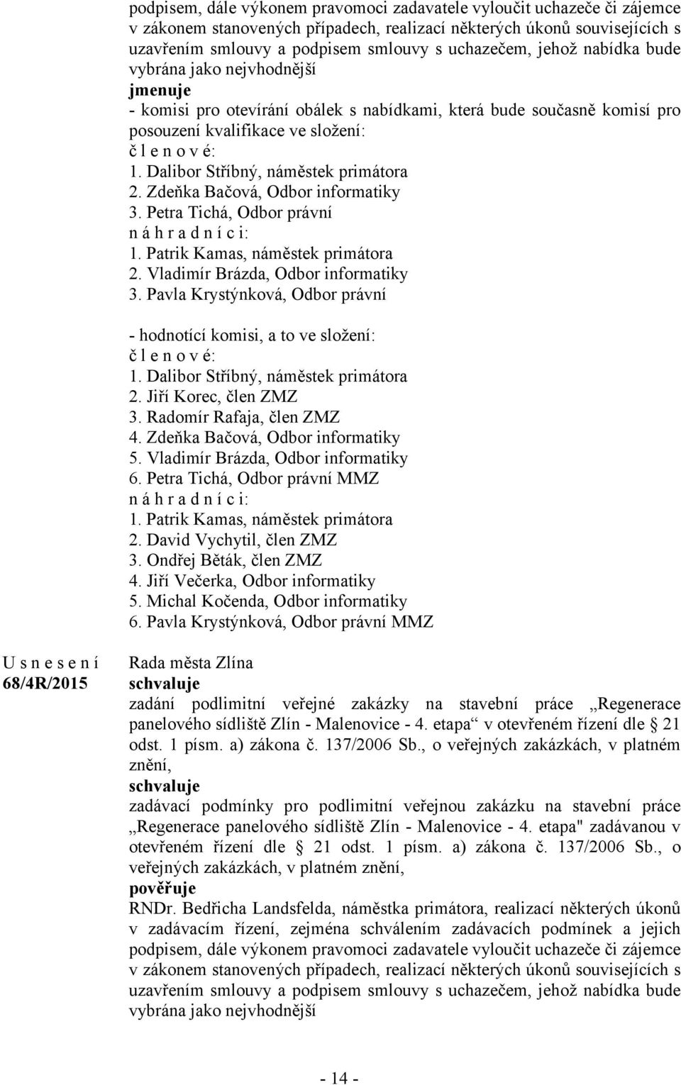 Dalibor Stříbný, náměstek primátora 2. Zdeňka Bačová, Odbor informatiky 3. Petra Tichá, Odbor právní n á h r a d n í c i: 1. Patrik Kamas, náměstek primátora 2. Vladimír Brázda, Odbor informatiky 3.