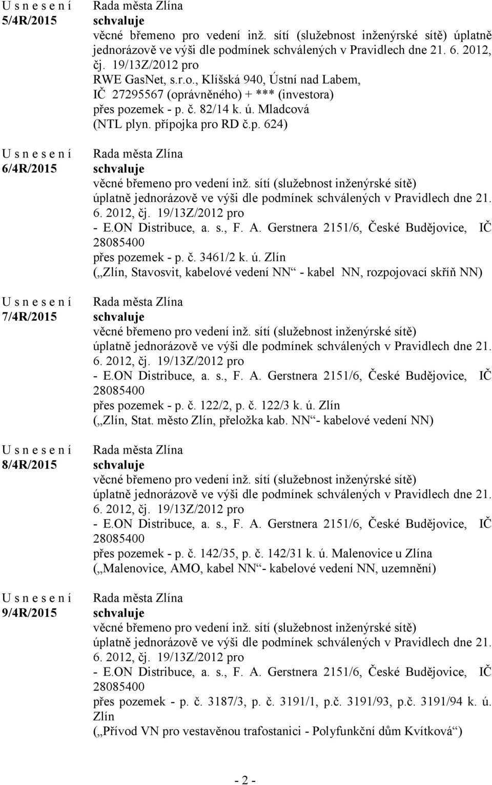 sítí (služebnost inženýrské sítě) úplatně jednorázově ve výši dle podmínek schválených v Pravidlech dne 21. 6. 2012, čj. 19/13Z/2012 pro - E.ON Distribuce, a. s., F. A.