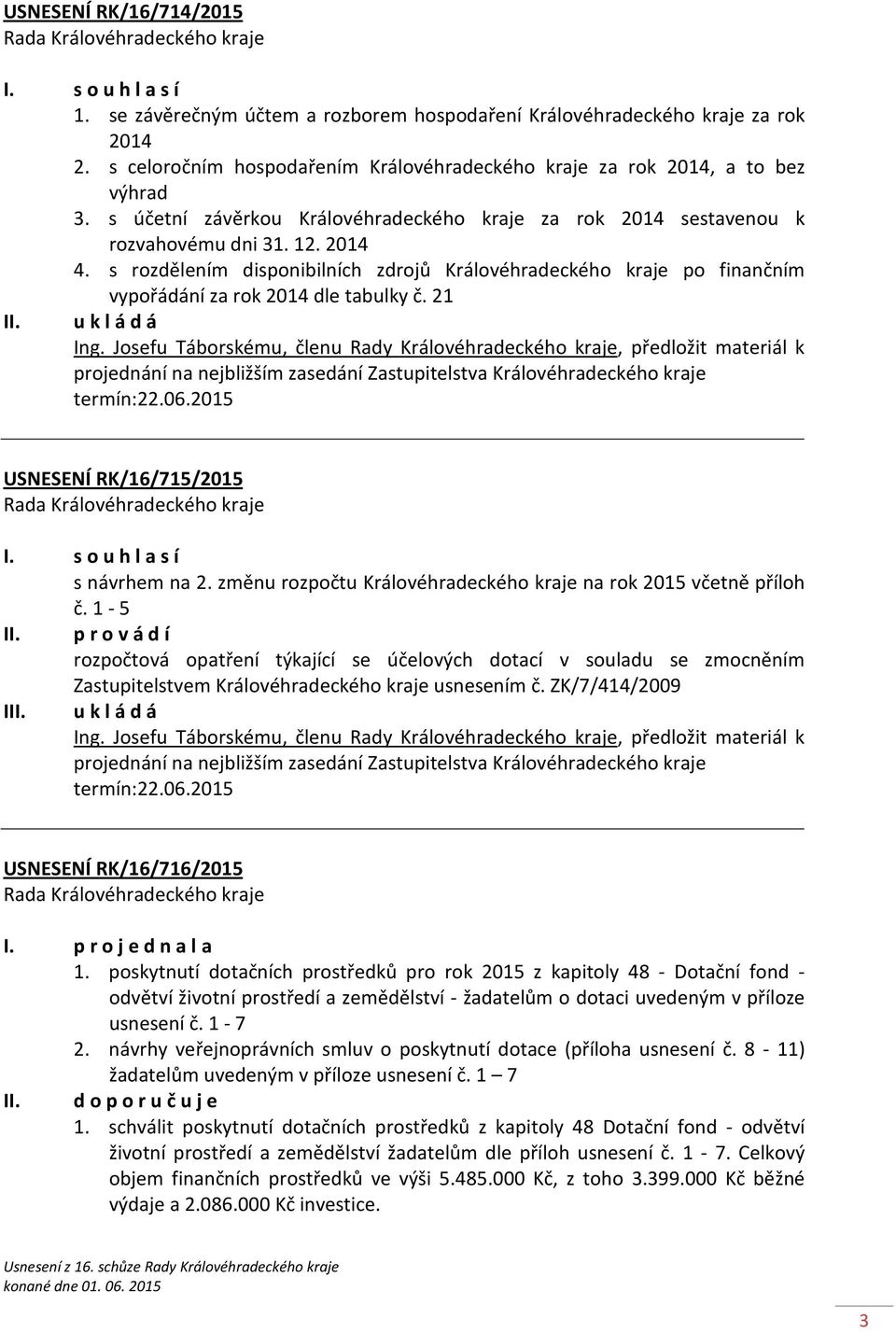 s rozdělením disponibilních zdrojů Královéhradeckého kraje po finančním vypořádání za rok 2014 dle tabulky č. 21 Ing.