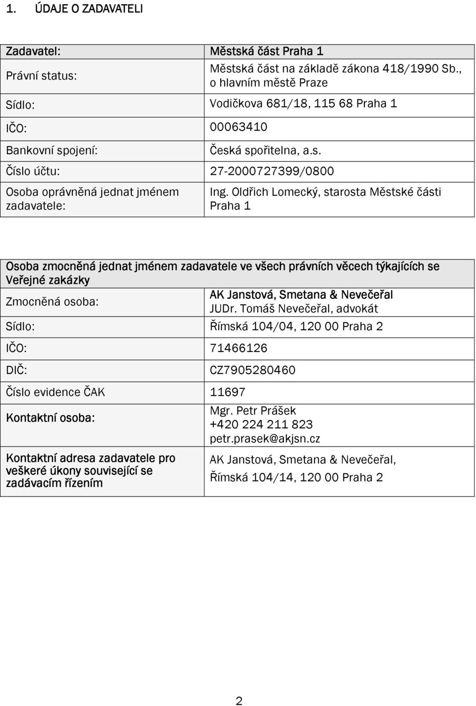 Oldřich Lomecký, starosta Městské části Praha 1 Osoba zmocněná jednat jménem zadavatele ve všech právních věcech týkajících se Veřejné zakázky AK Janstová, Smetana & Nevečeřal Zmocněná osoba: JUDr.