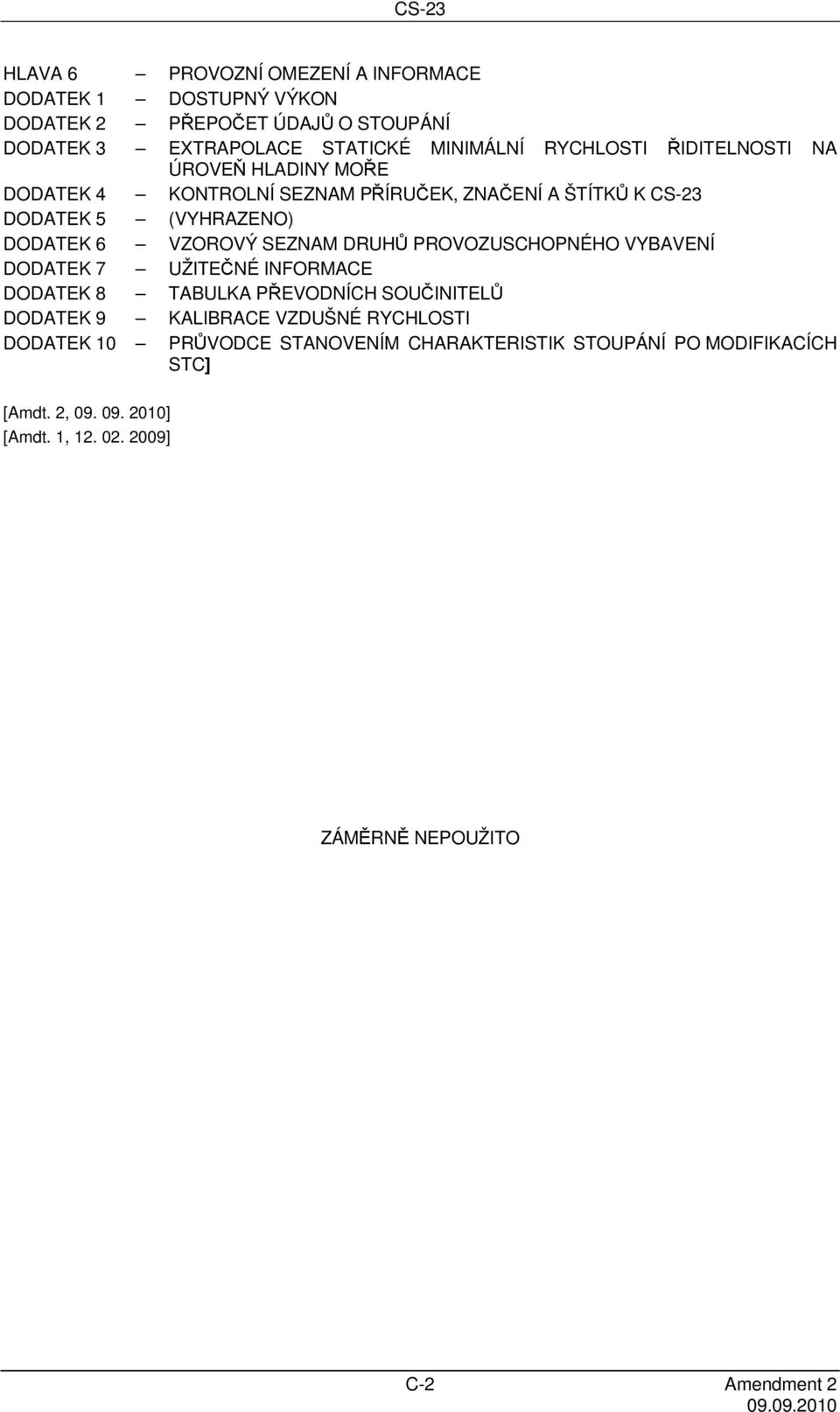 PROVOZUSCHOPNÉHO VYBAVENÍ DODATEK 7 UŽITEČNÉ INFORMACE DODATEK 8 TABULKA PŘEVODNÍCH SOUČINITELŮ DODATEK 9 KALIBRACE VZDUŠNÉ RYCHLOSTI DODATEK 10