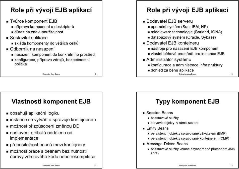 (Borland, IONA) databázový systém (Oracle( Oracle, Sybase) Dodavatel EJB kontejneru nástroje pro nasazení EJB komponent vlastní běhové prostředí pro instance EJB Administrátor systému konfigurace a