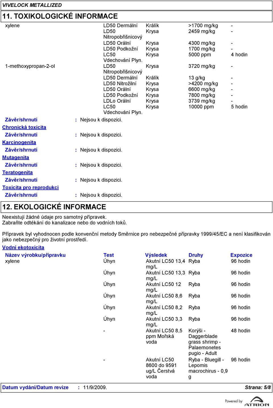 1-methoxypropan-2-ol LD50 Krysa 720 m/k - Nitropobřišnicový LD50 Dermální Králík 1 /k - LD50 Nitrožilní Krysa >4200 m/k - LD50 Orální Krysa 6600 m/k - LD50 Podkožní Krysa 7800 m/k - LDLo Orální Krysa