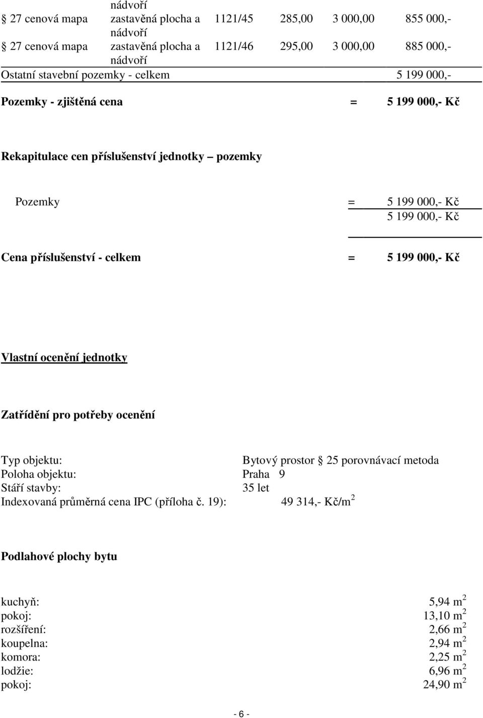 000,- Kč Vlastní ocenění jednotky Zatřídění pro potřeby ocenění Typ objektu: Bytový prostor 25 porovnávací metoda Poloha objektu: Praha 9 Stáří stavby: 35 let Indexovaná průměrná cena