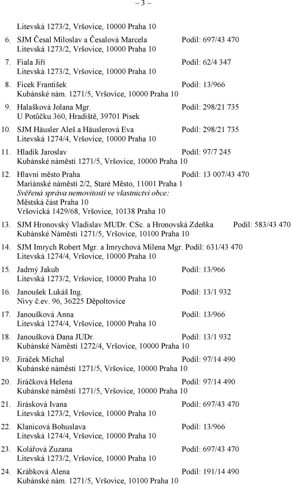 Hlavní město Praha Podíl: 13 007/43 470 Mariánské náměstí 2/2, Staré Město, 11001 Praha 1 Svěřená správa nemovitostí ve vlastnictví obce: Městská část Praha 10 Vršovická 1429/68, Vršovice, 10138