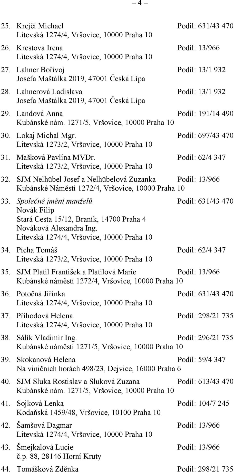 Mašková Pavlína MVDr. Podíl: 62/4 347 32. SJM Nelhübel Josef a Nelhübelová Zuzanka Podíl: 13/966 Kubánské Náměstí 1272/4, Vršovice, 10000 Praha 10 33.