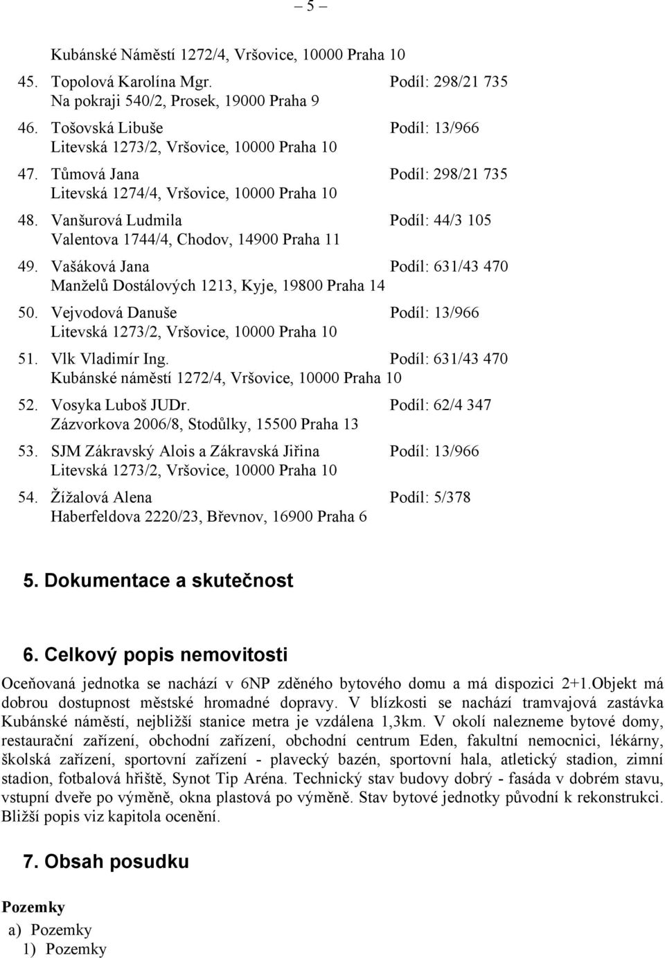 Vejvodová Danuše Podíl: 13/966 51. Vlk Vladimír Ing. Podíl: 631/43 470 Kubánské náměstí 1272/4, Vršovice, 10000 Praha 10 52. Vosyka Luboš JUDr.