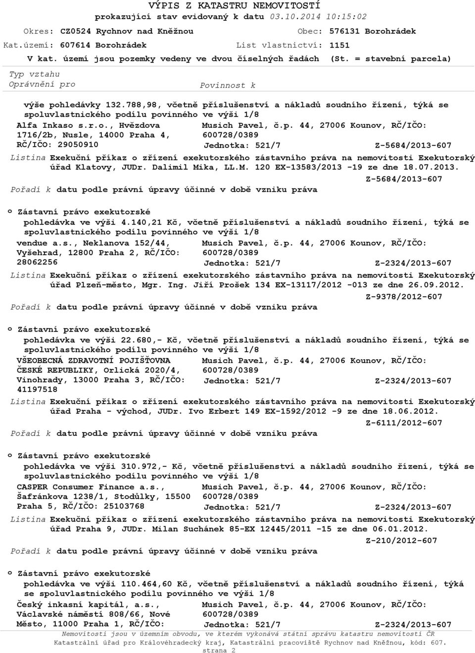 140,21 Kč, včetně příslušenství a nákladů sudníh řízení, týká se spluvlastnickéh pdílu pvinnéh ve výši 1/8 vendue a.s., Neklanva 152/44, Musich Pavel, č.p. 44, 27006 Kunv, RČ/IČO: Vyšehrad, 12800 Praha 2, RČ/IČO: 28062256 Z-2324/2013-607 úřad Plzeň-měst, Mgr.