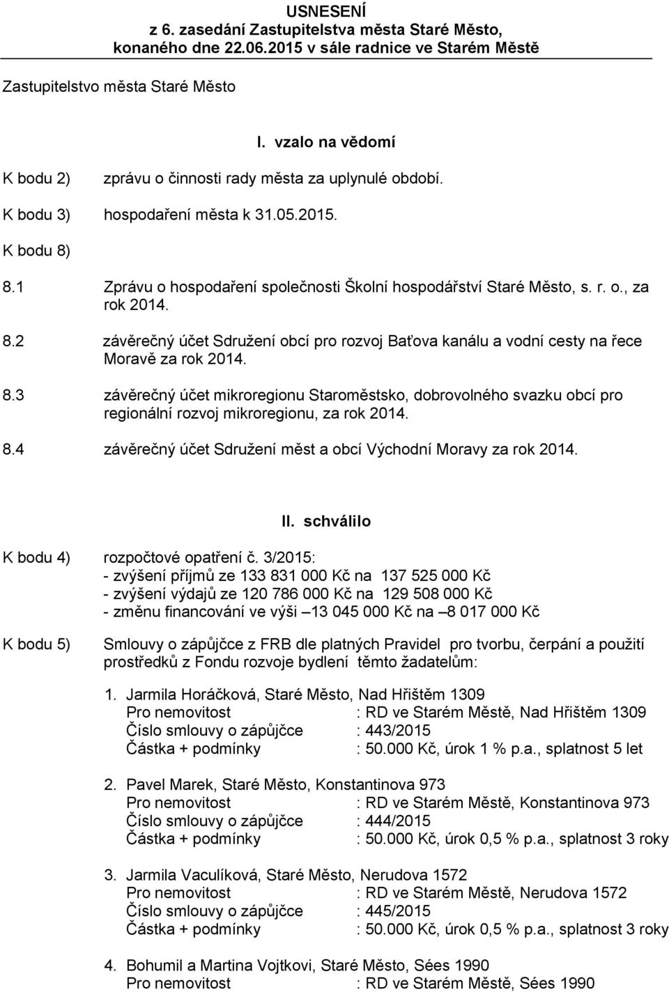 r. o., za rok 2014. 8.2 závěrečný účet Sdružení obcí pro rozvoj Baťova kanálu a vodní cesty na řece Moravě za rok 2014. 8.3 závěrečný účet mikroregionu Staroměstsko, dobrovolného svazku obcí pro regionální rozvoj mikroregionu, za rok 2014.