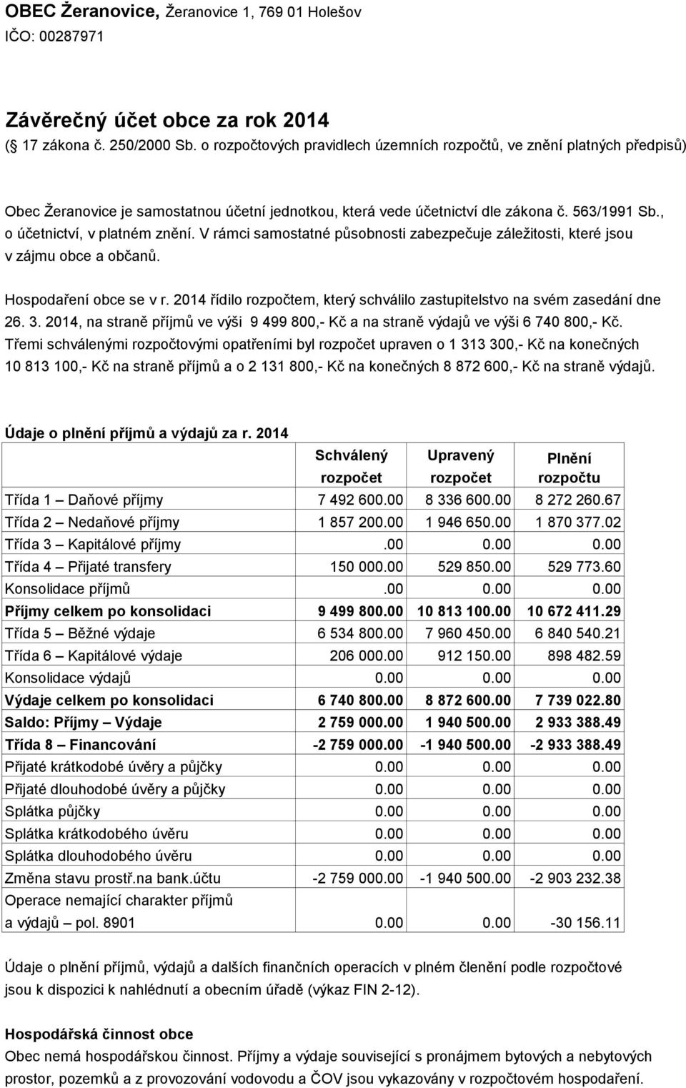 , o účetnictví, v platném znění. V rámci samostatné působnosti zabezpečuje záležitosti, které jsou v zájmu obce a občanů. Hospodaření obce se v r.