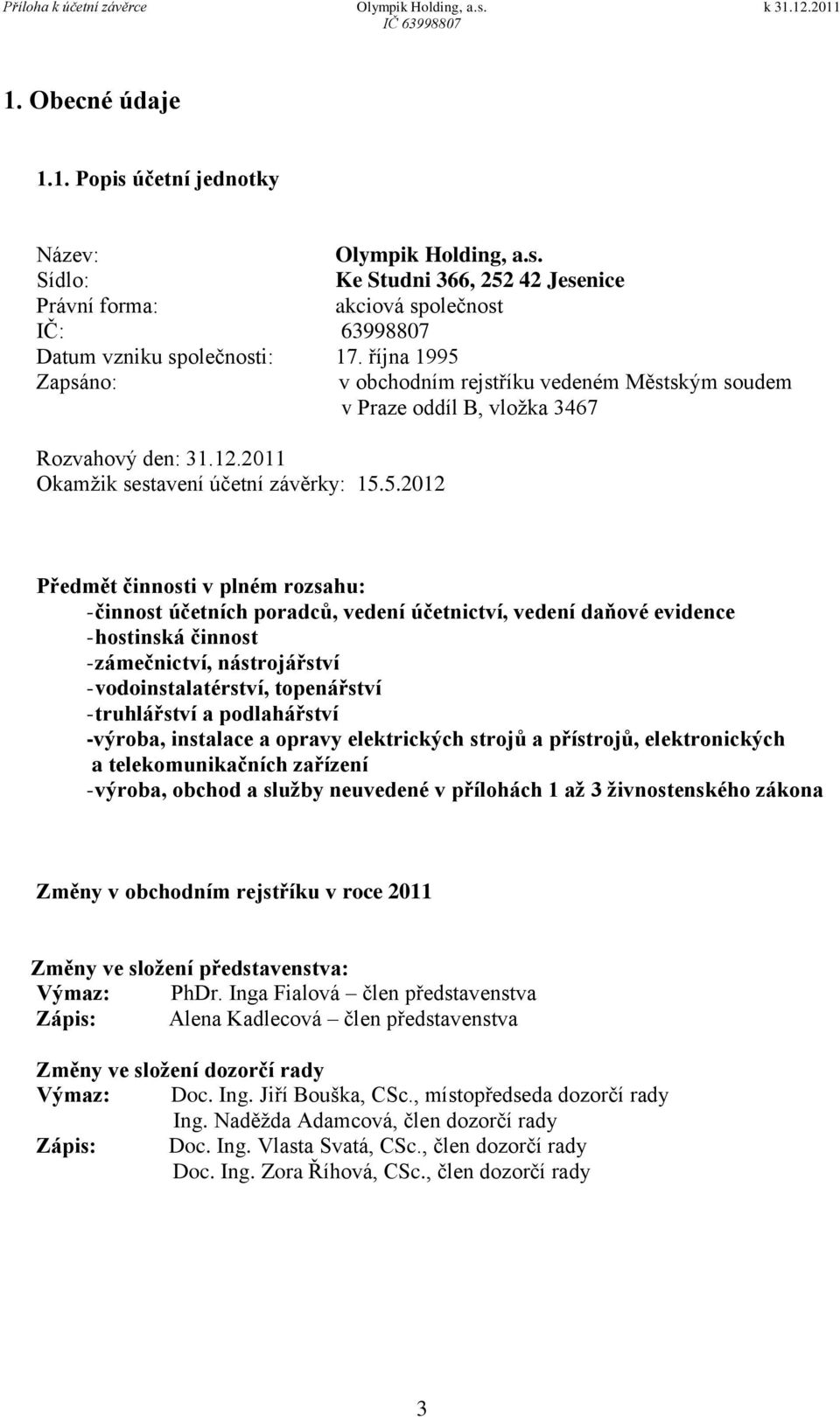 Zapsáno: v obchodním rejstříku vedeném Městským soudem v Praze oddíl B, vložka 3467 Rozvahový den: 31.12.2011 Okamžik sestavení účetní závěrky: 15.