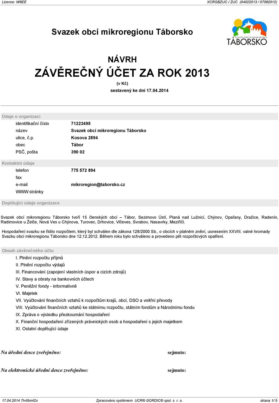 cz WWW stránky Doplňující údaje organizace Svazek obcí mikroregionu Táborsko tvoří 15 členských obcí Tábor, Sezimovo Ústí, Planá nad Lužnicí, Chýnov, Opařany, Dražice, Radenín, Radimovice u Želče,