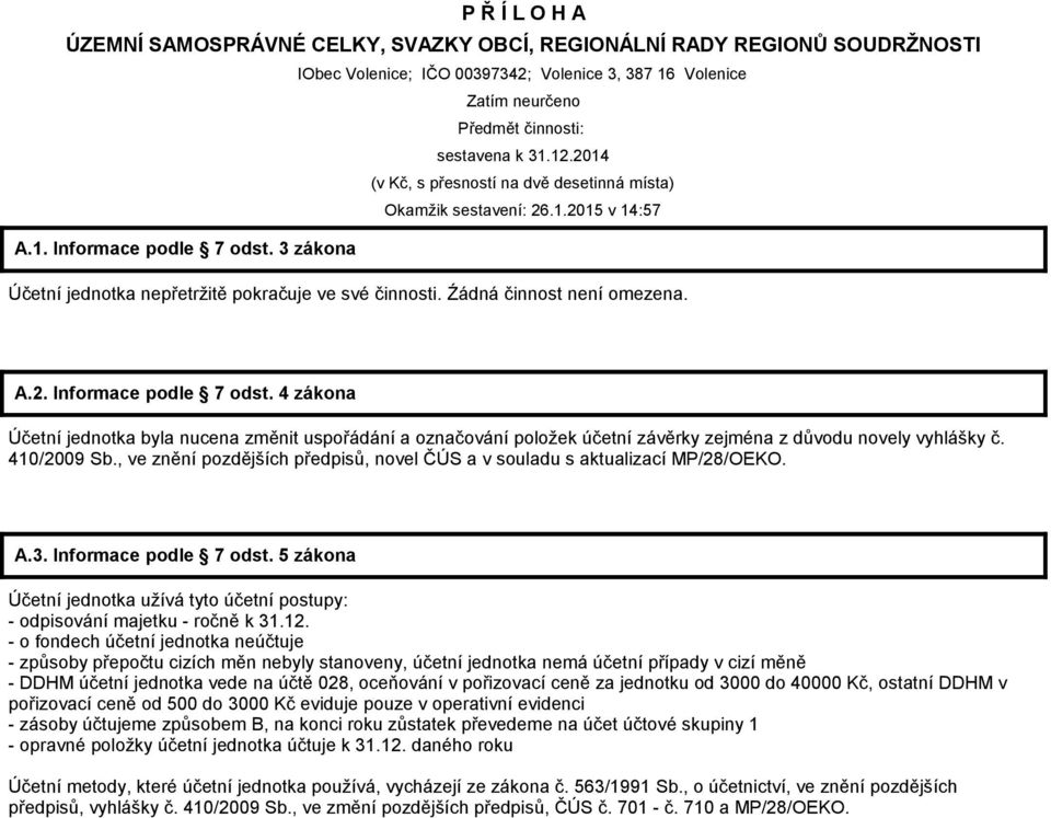 Źádná činnost není omezena. A.2. Informace podle 7 odst. 4 zákona Účetní jednotka byla nucena změnit uspořádání a označování položek účetní závěrky zejména z důvodu novely vyhlášky č. 410/2009 Sb.