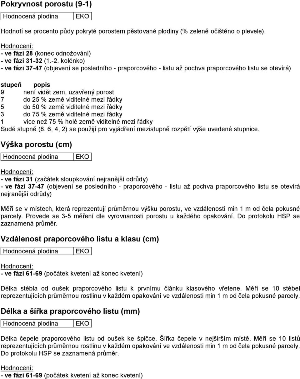 do 50 % země viditelné mezi řádky 3 do 75 % země viditelné mezi řádky 1 více než 75 % holé země viditelné mezi řádky Výška porostu (cm) - ve fázi 31 (začátek sloupkování nejranější odrůdy) - ve fázi