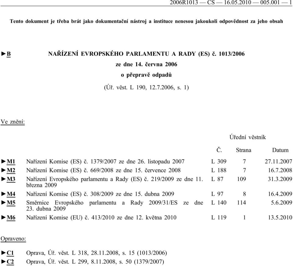 11.2007 M2 Nařízení Komise (ES) č. 669/2008 ze dne 15. července 2008 L 188 7 16.7.2008 M3 Nařízení Evropského parlamentu a Rady (ES) č. 219/2009 ze dne 11. L 87 109 31.3.2009 března 2009 M4 Nařízení Komise (ES) č.