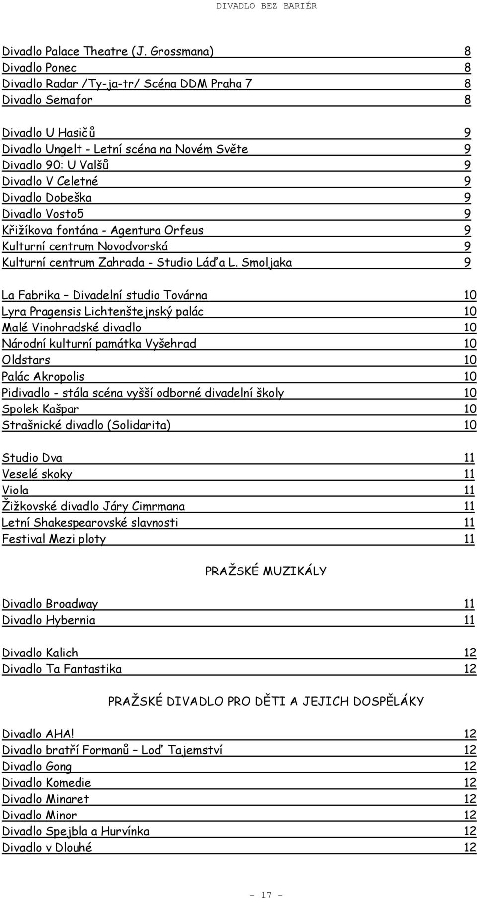 Divadlo Dobeška 9 Divadlo Vosto5 9 Křižíkova fontána - Agentura Orfeus 9 Kulturní centrum Novodvorská 9 Kulturní centrum Zahrada - Studio Láďa L.